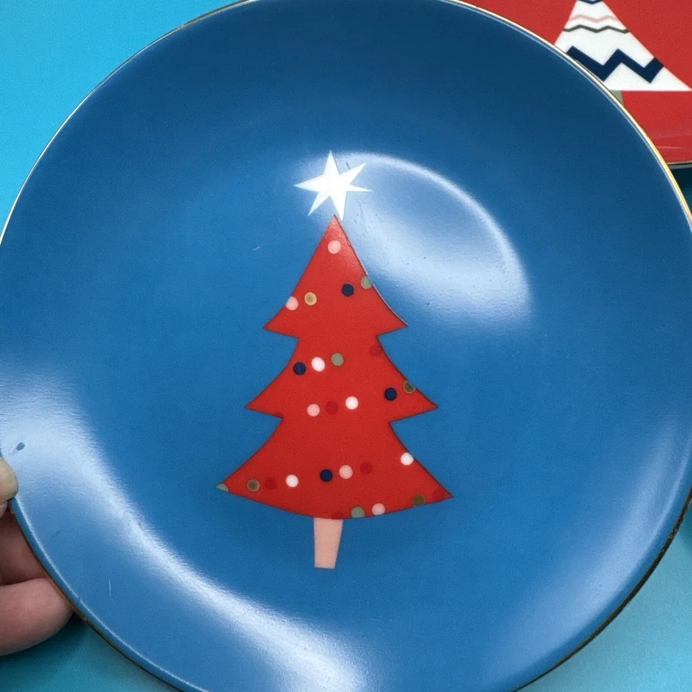 PIER 1 Christmas Tree Plate 3 Colors Holiday Appetizer‎ Canape Dessert 6